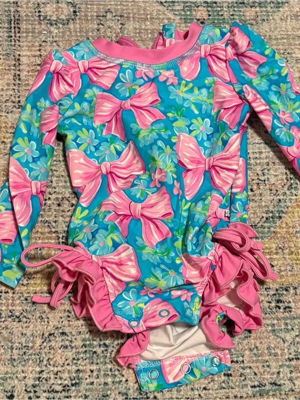 Caden Lane Long-Sleeve Bow Print One-Piece Swimsuit - Pink & Blue